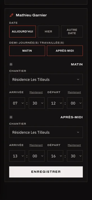 Pointeuse YH Pointe sur téléphone : matin, après-midi et chantier
