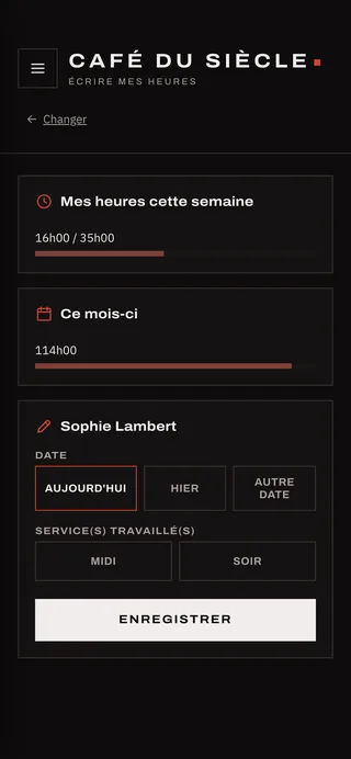Pointeuse YH Pointe sur téléphone : service midi ou soir